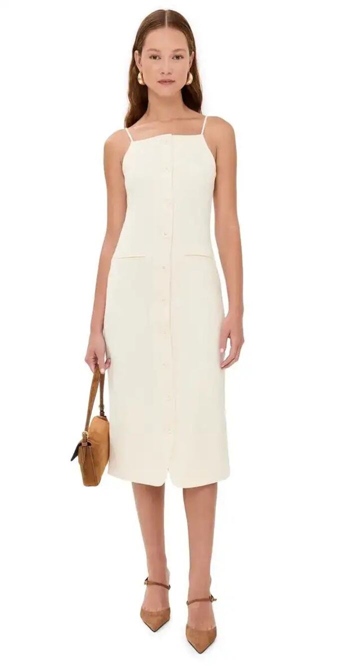 Staud Una Ecru Cream Button Front Sleeveless Square Neck Tailored Midi Dress S